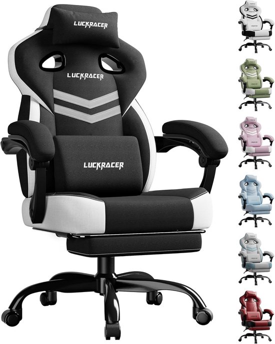 LUCKRACER Gaming Chair, Fabric Office Chair with Connected Armrests, Memory Foam Cushion, 90-155° Tilt Angle and Footrest, Durable Functional Fabric, Black