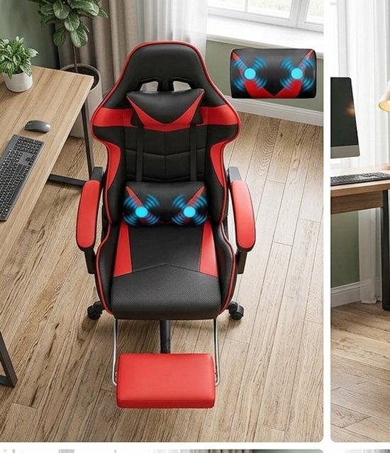 LuxoMass Pro Gaming Stoel met Massage & Voetsteun – Ergonomische Bureaustoel met Nekkussen & Lendensteun – Verstelbaar 90°-135° – PU Leer Carbon Look – Rood | medahomestore van Merkloos