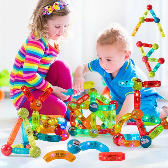 MagniToys - Magnetisch Bouwen met Lichtjes - Educatief Speelgoed - 3 Jaar + - Creatief Bouwen met Magneten en LED Lichten - 52PCS van Magni