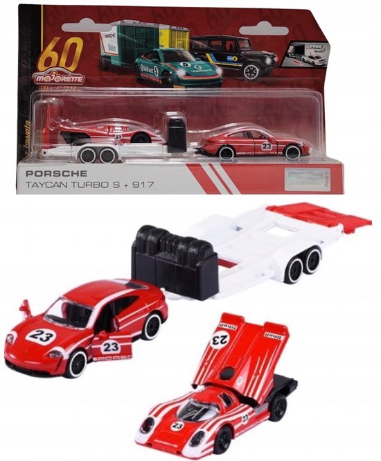 Majorette Racetrailer Porsche Taycan Turbo S + 917 Schaal 1:64 van Merkloos