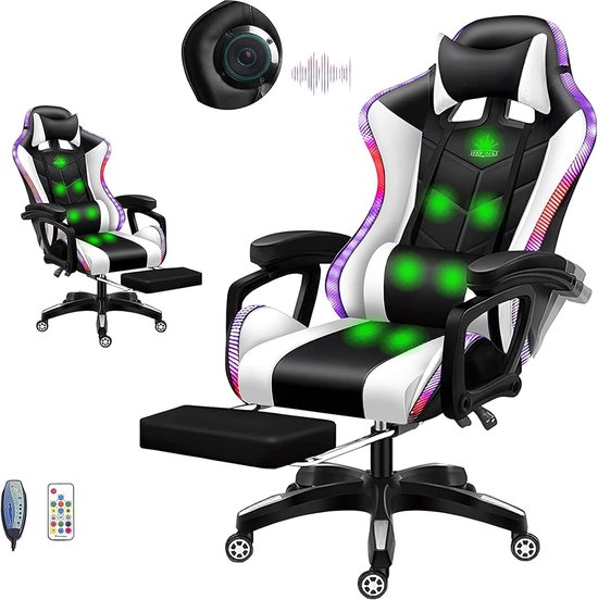 Massage Gaming Chair with Footrest LED Light and Speaker, Video Chair High Back Racing Chair with Headrest and Lumbar - ShopVlot