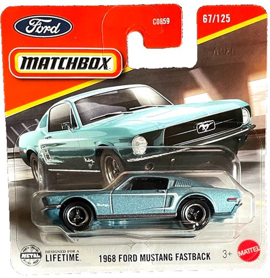 MATCHBOX 1968 FORD MUSTANG FASTBACK METALIC BLEU 67/125 METAL (1:64) SHORT CARD van Matchbox