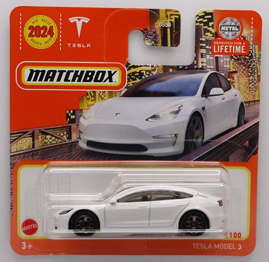 MATCHBOX 53/100 TESLA MODEL 3 WHITE 1:64 METAL SHORT CARD van Merkloos