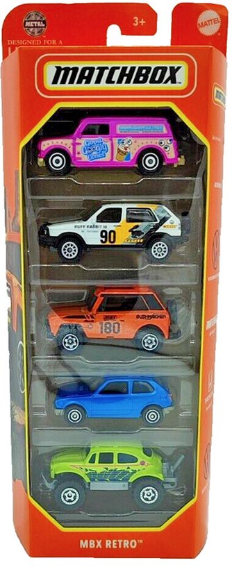 MATCHBOX MBX RETRO CAR SET AUSTIN MINI, VW GOLF, BUSHWACKER, HONDA CIVIC, VW BEETLE DESIGNED FOR LIFETIME METAL (1:64) van Matchbox