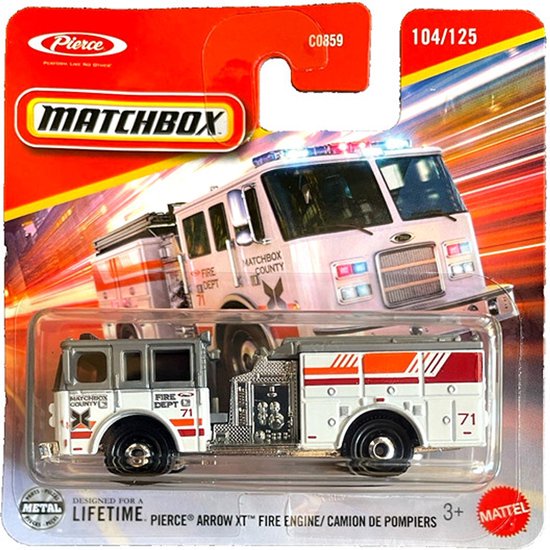 MATCHBOX PIERCE ARROW XT FIRE DEPT 71 ENGINE TRUCK RESCUE WHITE 104/125 METAL (1:64) SHORT CARD van Merkloos