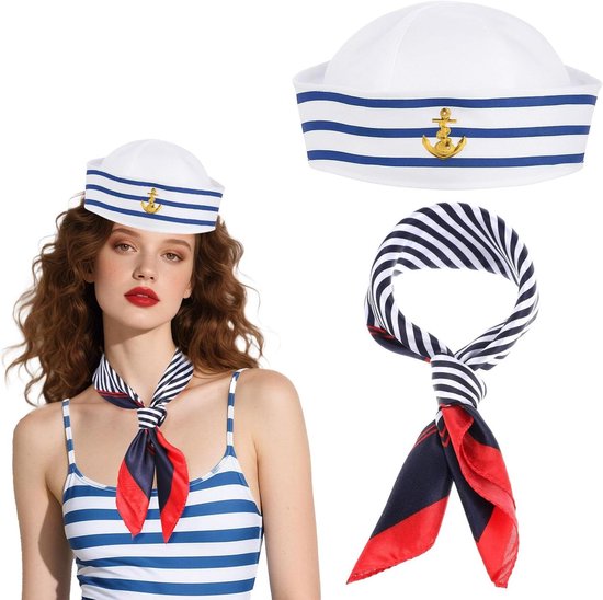 Matrozenmuts en sjaal, kapitein kostuum set met nautische sjaal, blauw en wit marine thema, accessoires voor marine outfit. van Amosfun