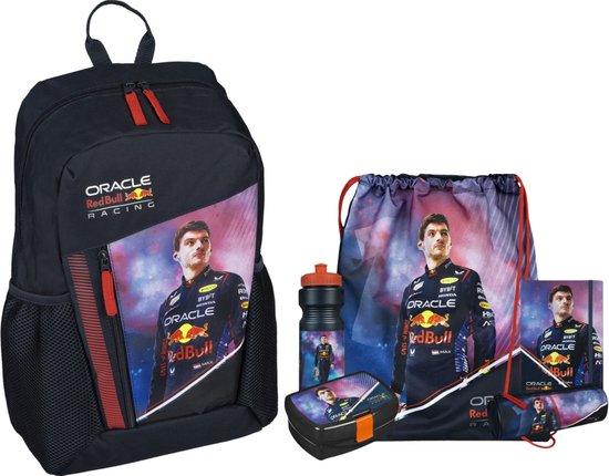Max Verstappen School Set; rugzak, gymtas, bidon, lunchbox, schrift & etui van Red Bull