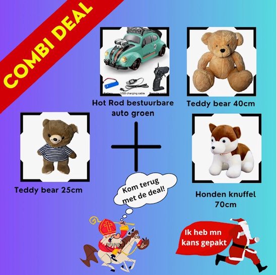 Mega deal! | ALLEEN VANDAAG! |Hot Rod bestuurbare auto groen, teddy bear met T-shirt 25CM, Beige teddy bear 4CM en Grote honden knuffel 70CM!!! van Merkloos