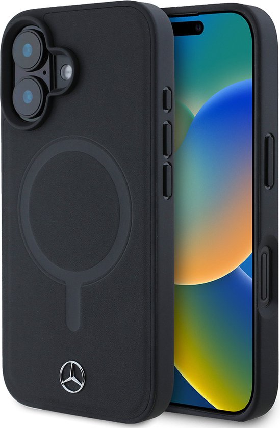 Mercedes-Benz Backcase hoesje geschikt voor iPhone 16 Plus - Effen Zwart - Leer van Merkloos