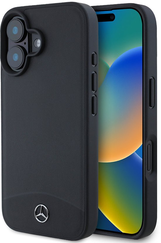 Mercedes-Benz Geschikt voor Apple iPhone 16 - Geschikt voor Mag - Textured Backcover hoesje - Zwart van Merkloos