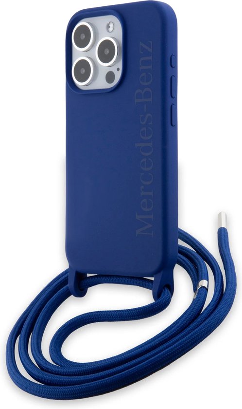 MERCEDES-BENZ - VLOEIBARE SILICONE HOESE GESCHIKT VOOR IPHONE 15 - MARINEBLAUW MET KOORD WOORDMERK LOGO van Merkloos