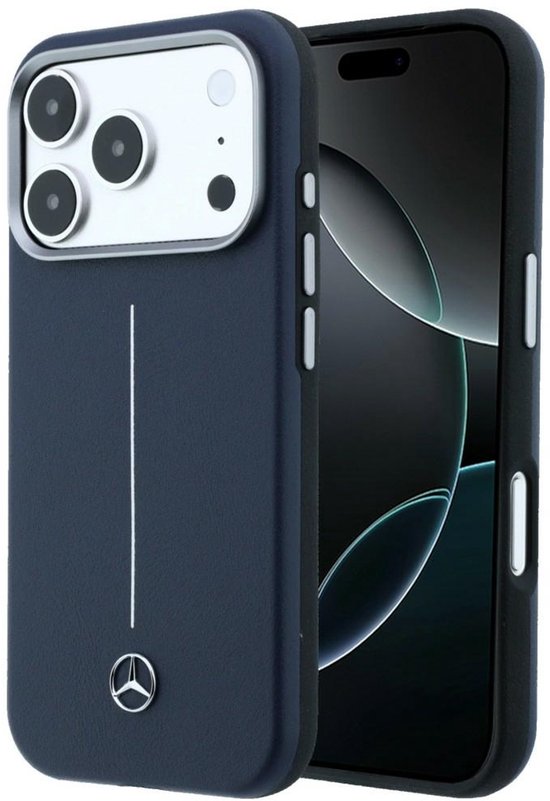 Mercedes Leather Semi Wrap Iconic Line MagSafe Hoesje voor iPhone 17 Pro Donkerblauw van Mercedes
