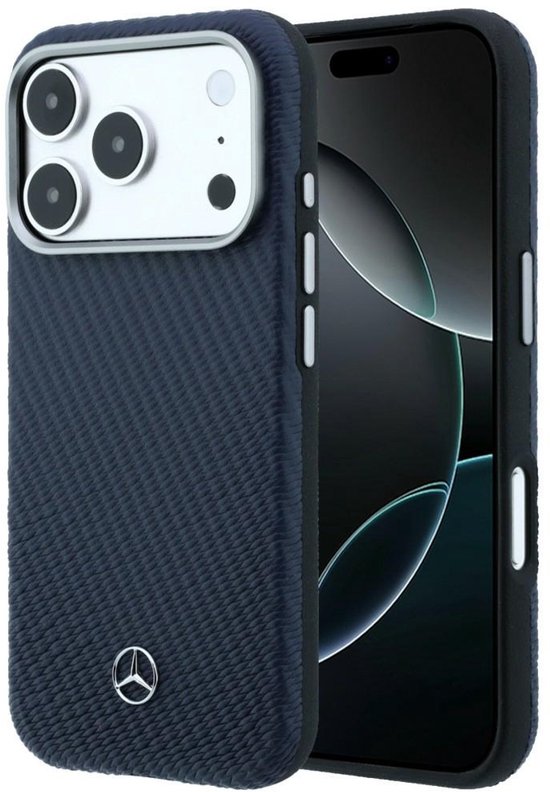 Mercedes Leather Semi Wrap Wood Effect MagSafe Hoesje voor iPhone 17 Pro Max Donkerblauw van Mercedes