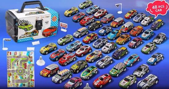 Metalen Raceautootjes – 56-delige Speelset met Opbergdoos (48 auto's + 8 accessoires) van Toi-Toys.