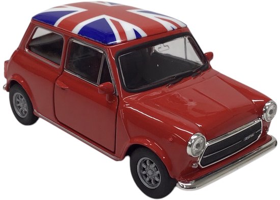 Mini Cooper 1300 (Rood met vlag Verenigd Koninkrijk) (10 cm) 1/43 Welly Nex [Modelauto - Schaalmodel - Miniatuurauto] van Welly
