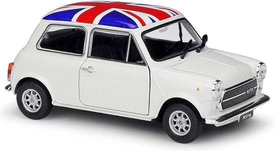 Mini Cooper 1300 (Wit met vlag Verenigd Koninkrijk) (10 cm) 1/43 Welly Nex [Modelauto - Schaalmodel - Miniatuurauto] van Welly