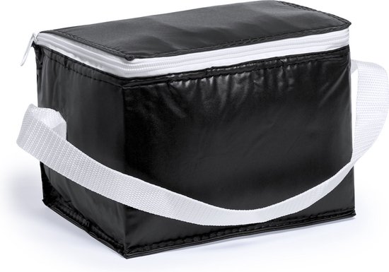 Mini koeltas zwart/wit - PVC - voor 6 blikjes - sixpack - 3,2 liter - 21 x 15 x 15 cm - lunchtasjes van MINI