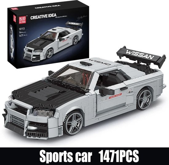 Moc Skyline R34 Sport Auto Bouwsteen Set - 1471 Stuks - Witte Supercar - Gedetailleerd Ontwerp - Compatibel met Lego van Moc