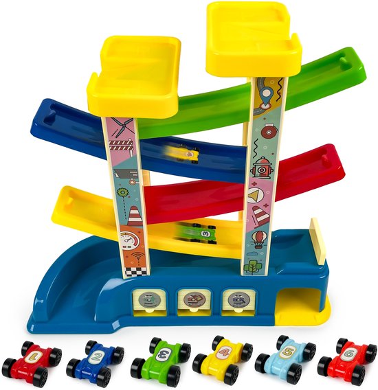 Montessori Autobaan 4 Niveaus plaatst 6 Autootjes in Garage van Toi-Toys.