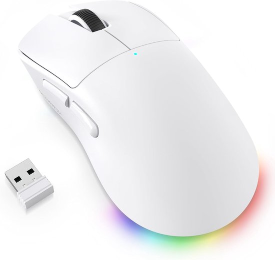 NJ08 Tri-Mode Draadloze Gaming Muis, 1000Hz 70g Lichtgewicht, PC Mouse Medium-Groot Ergonomisch, 12800 DPI 6 Niveaus, Bluetooth/2.4G/USB-C, RGB Oplaadbaar voor Laptop/Mac - Wit
