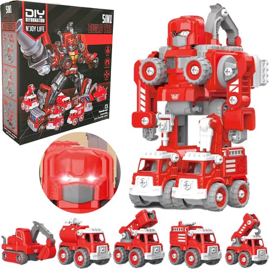 N´JOY Life - Robot speelgoed - Rood 5 in 1 - Robots - Politie - Brandweerauto - Bouwpakket - Speelfiguren sets - Bouwsets - Speelgoed auto - 3 4 5 6 7 8 9 10 jaar van N´JOY Life