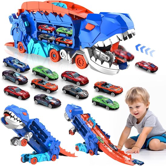 oCreon Transporttruck voor Speelgoedauto's met 10 Raceauto's - Draagbare Dinosaurustruck voor Jongens van oCreon