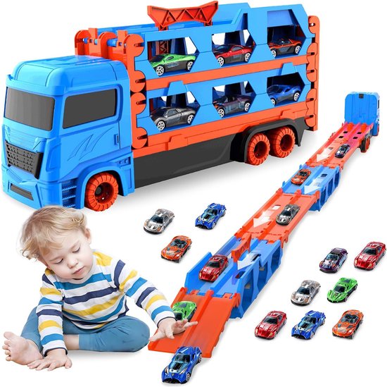oCreon Transporttruck voor Speelgoedauto's met 12 Raceauto's - Draagbare Racebaan voor Jongens 3-6 Jaar van oCreon