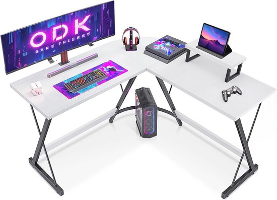 ODK Gaming tafel, gamingbureau hoekbureau voor gamers, bureau L-vorm met monitorstandaard voor kantoor (Wit, 127 x 127 cm) van Merkloos