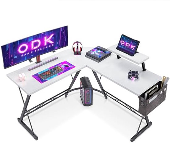 ODK Gaming tafel, gamingbureau hoekbureau voor gamers, bureau L-vorm met monitorstandaard voor kantoor (Wit, 127 x 127 cm) van ODK