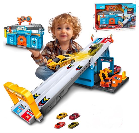 OODBLUE Racebaan met 5 Metalen Auto’s – 2-in-1 Autogarage & Opvouwbare Speelset – Met Draagkoffer – Perfect Cadeau voor Kinderen van OODBLUE