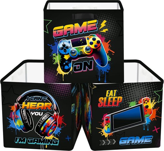 Opslagbox voor gamers - 3-delige set Neon Sign Opbergmand voor Gamecontrollers, Hoofdtelefoons en Speelgoed - Ideaal voor Kinderkamer en Organisatie van Boeken en Kleding