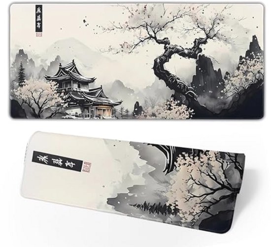 Oversized gaming muismat met Japanse pagode en kersenbloesem – Antislip rubberen basis en genaaide randen (90 x 40 x 0,3 cm)
