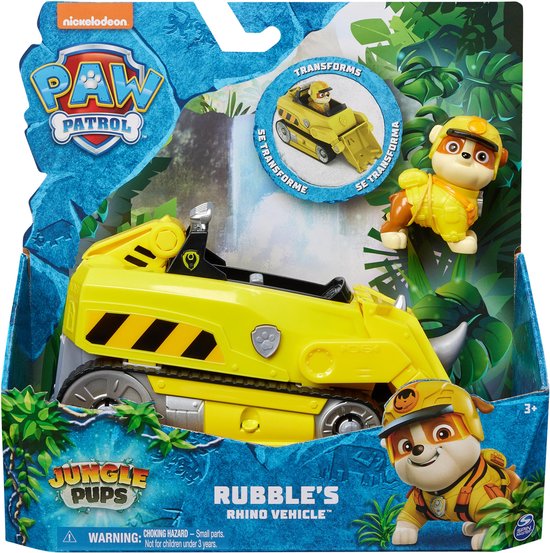 PAW Patrol Jungle Pups - Rubble's Neushoorn-voertuig - speelgoedauto met speelfiguur van PAW Patrol