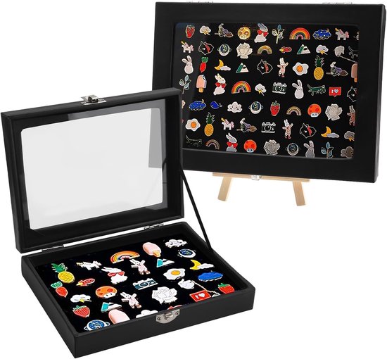 Pin Collector Display - Transparante opslag voor fluwelen pins met houten standaard en ijzeren sluitingen voor het verzamelen van pins