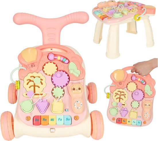 Playos® - Looptrainer en Tafel - 3 in 1 - Roze - met Geluid - Educatief Babyspeelgoed - Loopwagen - Leren Lopen - Baby Walker - Looptrainer - van Playos