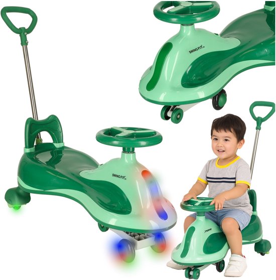 Playos® - Wiggle Car - Groen - met Duwstang - Geluid en Verlichting - tot 100 kg - 90 cm x 74 cm x 32 cm - Bestuurbare Auto - Speelgoedvoertuig - Swing Car - Wiebelauto van Merkloos
