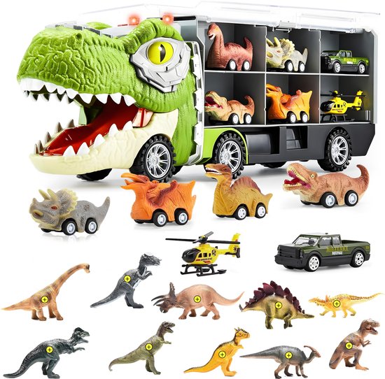 Pludo Dinosaurus Speelgoed Truck - Dino - Auto Speelgoed - Jongens Speelgoed - Meisjes Speelgoed - Speelgoed 3 Jaar - Speelgoed 4 Jaar - Speelgoed 5 Jaar - Kinderspeelgoed - Incl. 6 Auto's, 10 Dinosaurussen van Merkloos