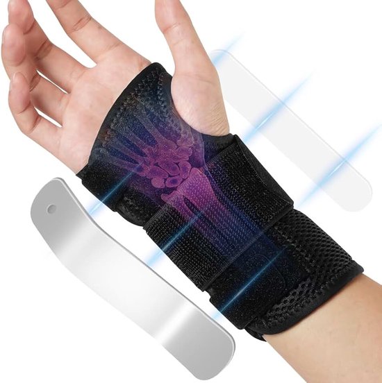 Polsbandage carpaal tunnel, stabiele polsbandage rechts met 2 metalen rails, ademend, orthopedische polsbandage voor sportschool, tennis, werk op de computer, uniseks (zwart)