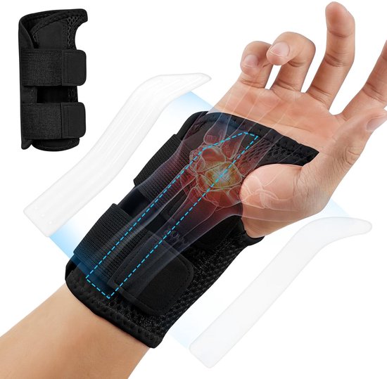 Polsbandage met 2 spalken en duimopening, L/XL | Ferula Carpaltunnel, elastisch, ademend, verstelbaar, voor dames en heren, bij verstuikingen en artritis, rechts, zwart