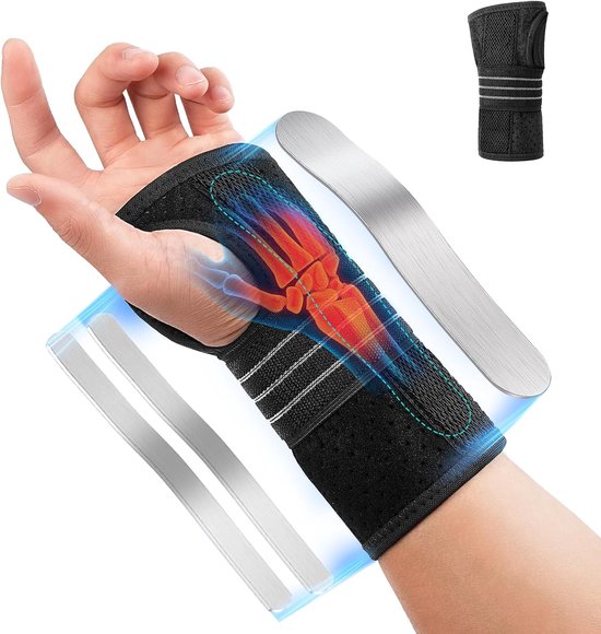 Polsbandage met 3 rails, polssteun, ademend, orthopedische polsbandage, verstelbaar, carpaal tunnel van metaal voor carpaal tunnel, verstuikingen, peesontsteking en artritis, uniseks (S)