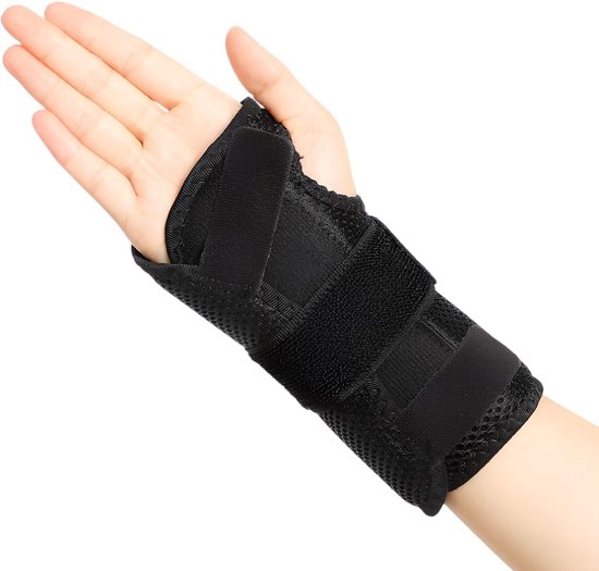 Polsbandage met metalen spalk, carpale tunnelstabilisator, verstelbaar, ademend, voor fitness, sport, sportschool, lichte en flexibele polssteun voor dames en heren (zwart)