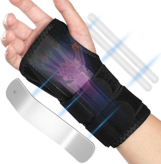 Polsbandage, Verstelbare Polsspalk met 3 Metalen Steunen, Polsbescherming voor Peesschedeontsteking, Artritis en Verstuikingen, Rechts (Zwart)