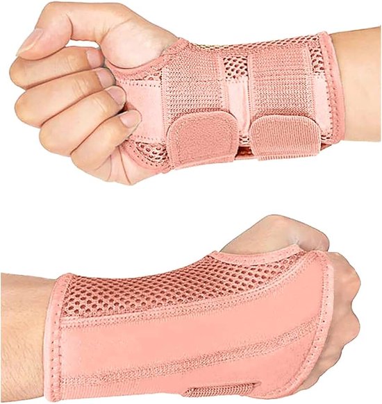 Polsbrace met metalen spalk, ademend, verstelbaar, polsbandage voor artritis, carpaal tunnelsyndroom, verstuikingen, artritis en peesontsteking (L/XL, roze-links)