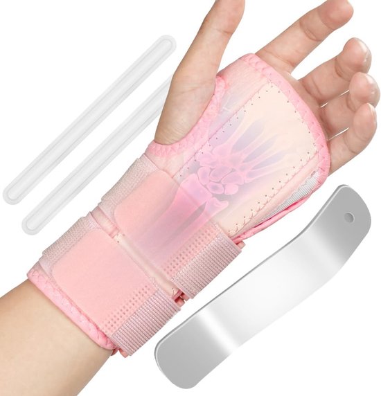Polssteun, verstelbare polsbandages, met 3 metalen rails, comfortabel en ademend, polsbandage voor mannen en vrouwen (links-hand, roze)