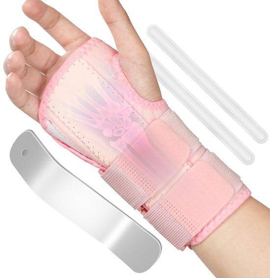 Polssteun, verstelbare polsbandages, met 3 metalen rails, comfortabel en ademend, polsbandage voor mannen en vrouwen (rechterhand, roze)