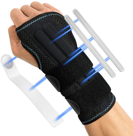 Polssteunbrace met 3 metalen spalken, polssteun, spalkarmstabilisator voor mannen en vrouwen, polssteun, polssteun, linker- of rechterhand, rechts-M
