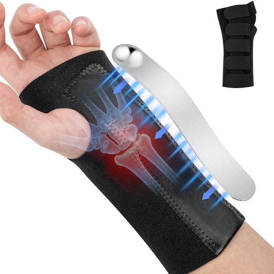 Polsverband met metalen spalken, Polsbrace voor carpaal tunnelsyndroom, Verstelbare klittenbandsluiting voor sport en fitness, voor dames en heren (links, S, zwart)