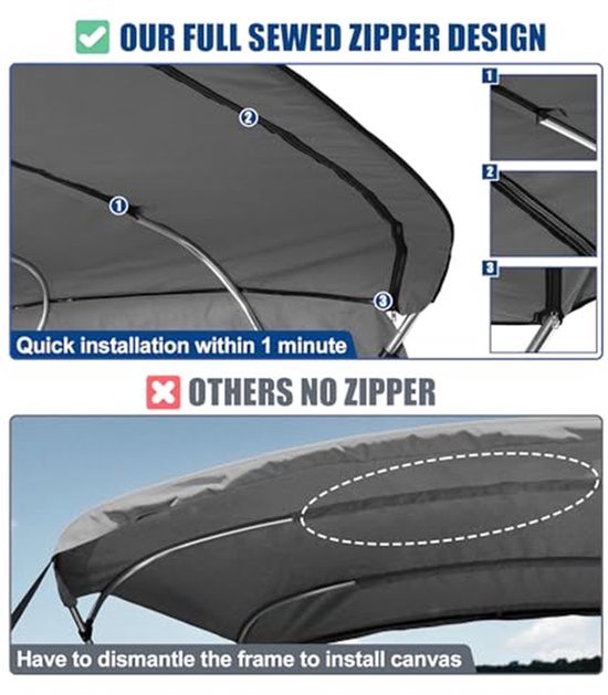 Polyester Bimini Top Canvas Cover 600D Grijs 4 Stukken 8' L x 54" H x 91"-96" B