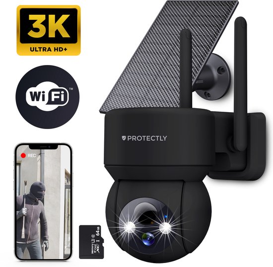 Protectly® Beveiligingscamera Draadloos Buiten – Camerabewaking - Bewakingscamera Voor Buiten - Buitencamera - Buiten Camera Met Nachtzicht - Camera Beveiliging - Oplaadbaar - 3K HD 5MP - Met WiFi en APP - Incl. 64GB SD - Incl. Zonnepaneel - Zwart van Protectly