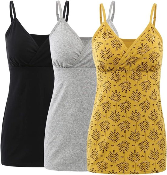 Provento - Tanktop voor borstvoeding met geïntegreerde beha, basic hemdje - Zwart, Grijs, Geel - XL.